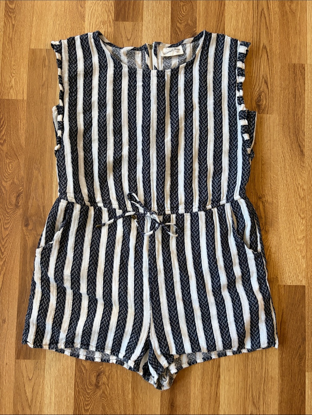 Universal Thread Navy & White Striped Sleeveless Romper with Tie Waist